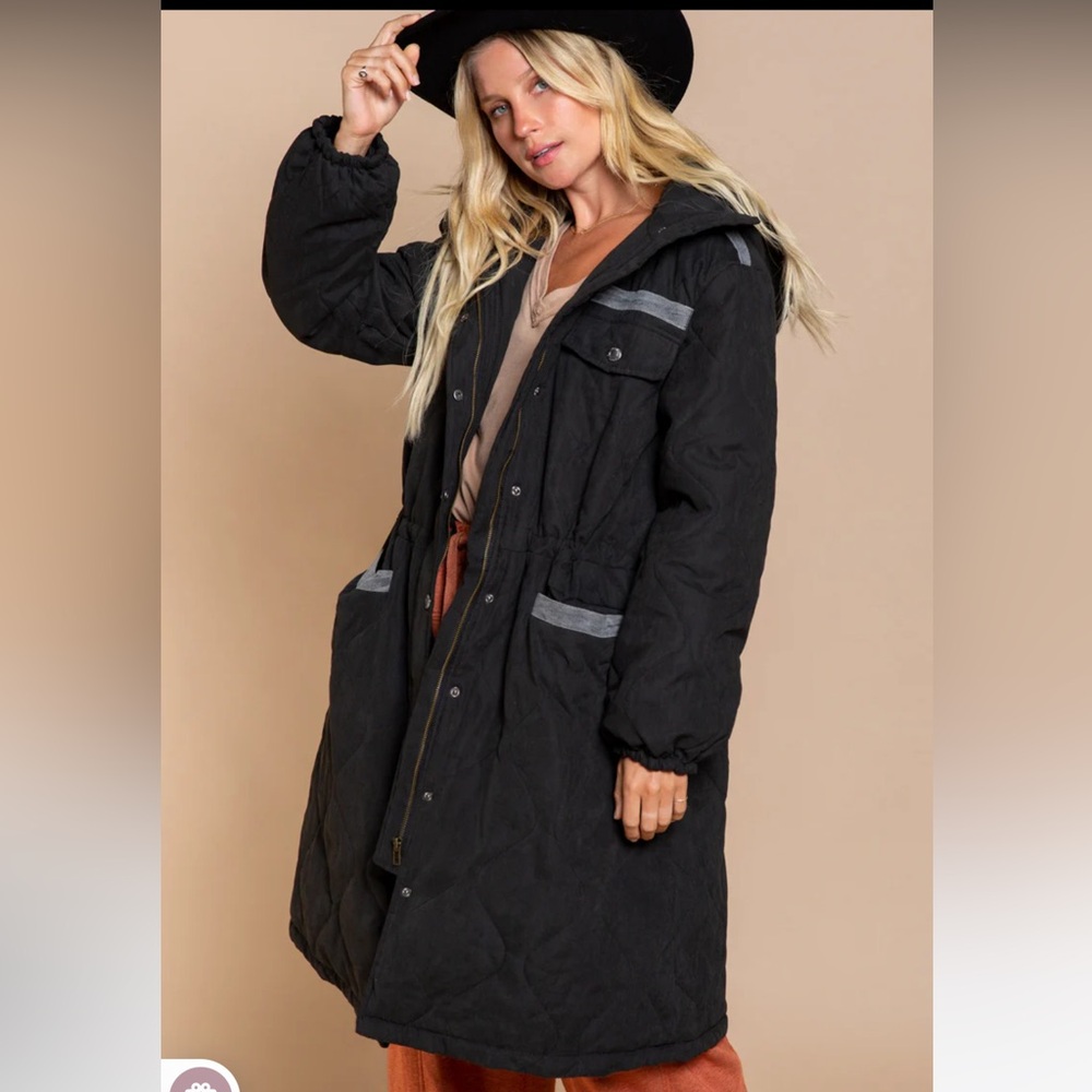 POL Black Long Quilted Padded Jacket Coat